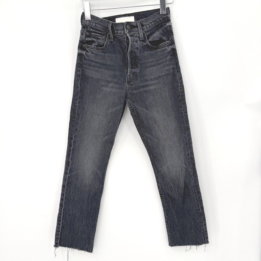 MOTHER The Tomcat Ankle On The Fly Jeans Womens 24 Black High Rise Raw Hem Denim